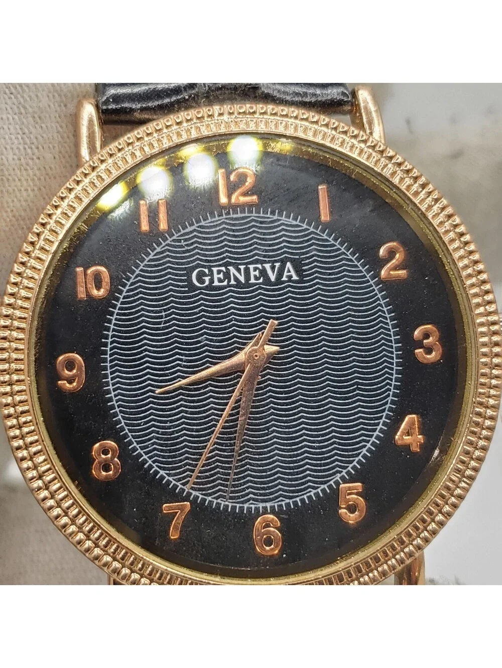 Geneva Quartz Watch 38mm Rose Gold Tone Black Leather Band New Battery